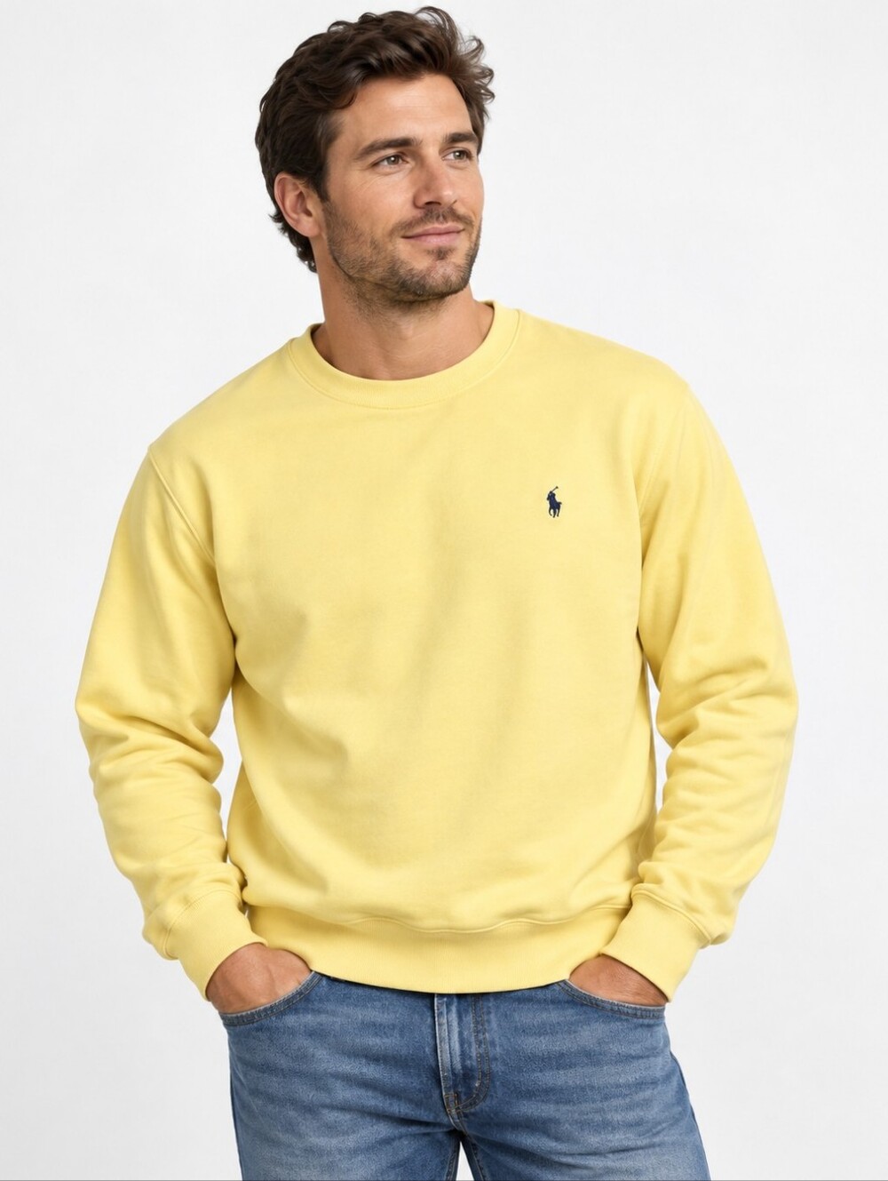 Vintage Polo Ralph Lauren Men's Large Yellow Crewneck Sweatshirt Navy Pony Logo